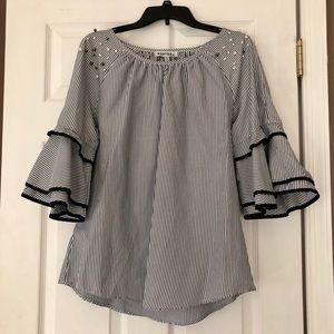 Striped Top with Pearl Detailing and Bell Sleeves